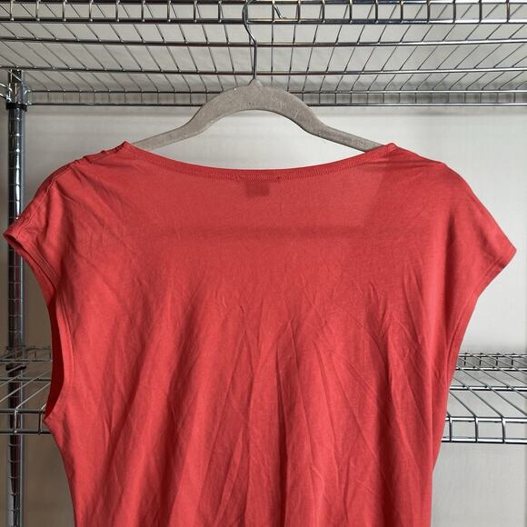 Theory Women's Coral Pink Ruched Cotton V Neck Top Size L Stretchy Draped Basics - Picture 10 of 11